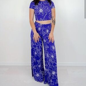 Tropical Print Wide Leg Pants and Crop Top Set.